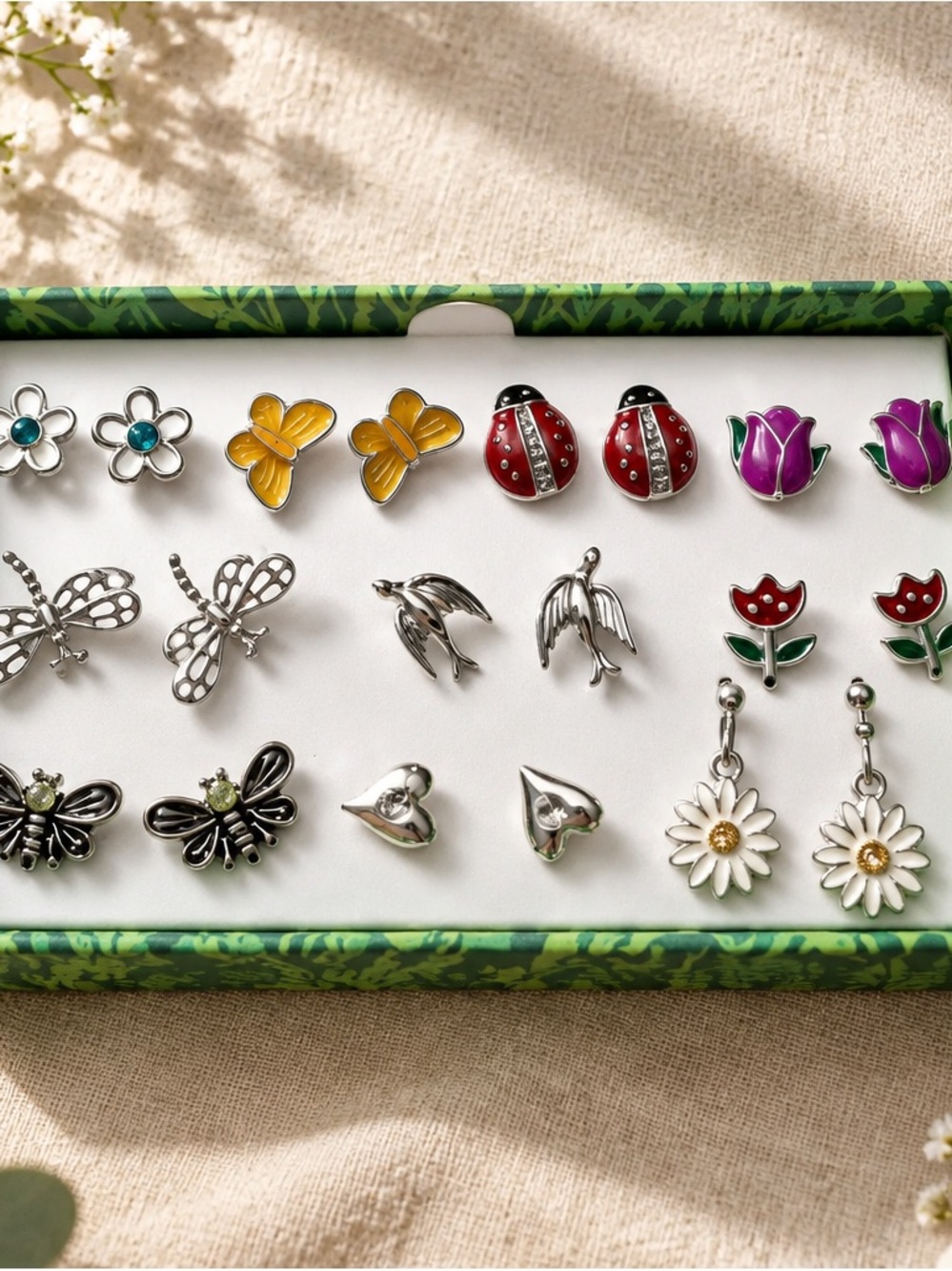 Assorted Kids Flower & Animal Stud Earring Set - Silver & Colorful